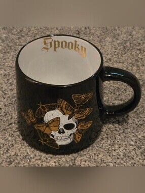 Spooky Black Skull & Gold Moth  Butterfly Ceramic Mug Halloween Scary